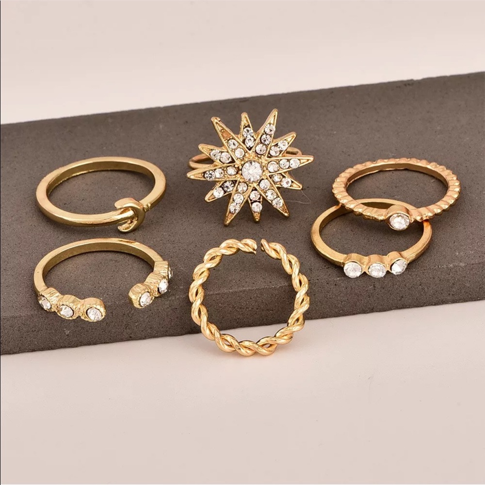 6 Pcs/Set Gold Starburst And Rhinestones Rings - Picture 5 of 7